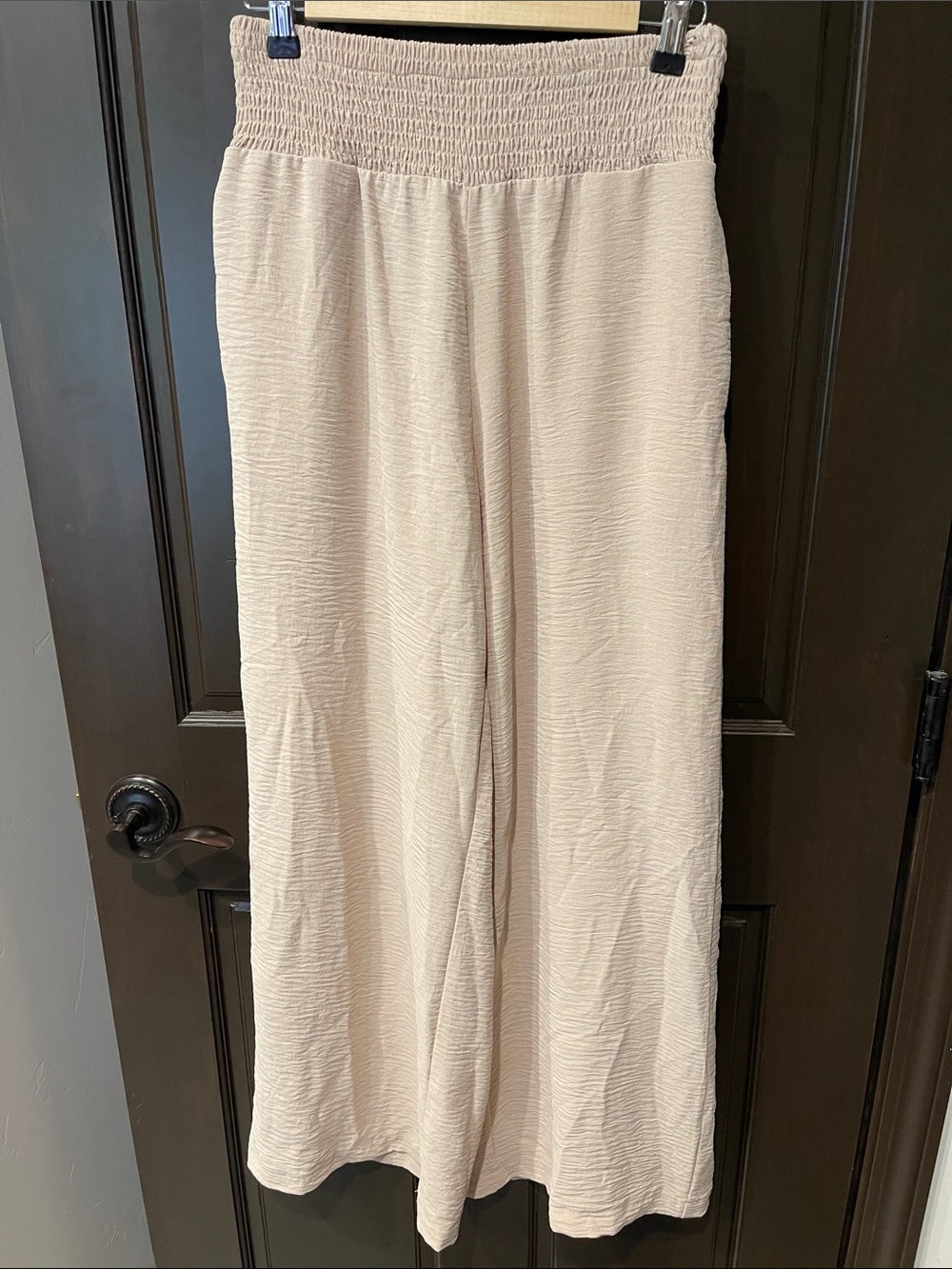 Smocked-Waist Wide-Leg Pants in Light Cream